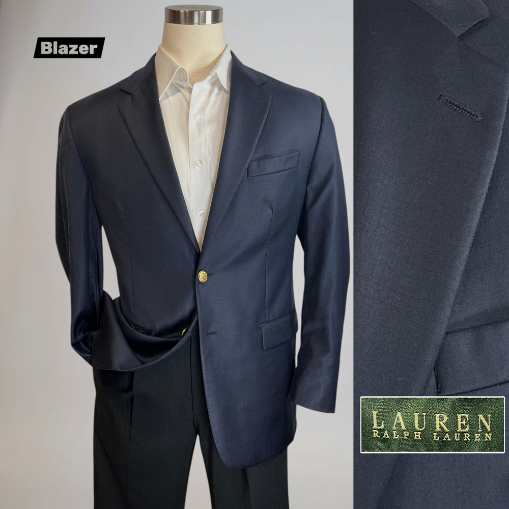 Ralph Lauren LRL 44L Midnight Navy Blue Gold Tone Buttons Blazer Sport Coat